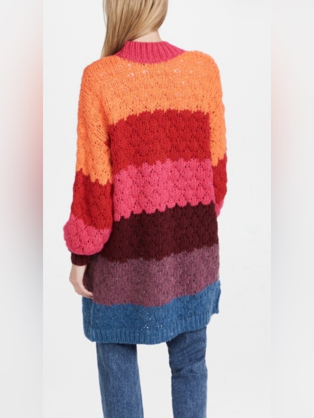 FARM RIO Striped Oversized Cardigan Small Multicolor Knit Puff Sleeve Crochet